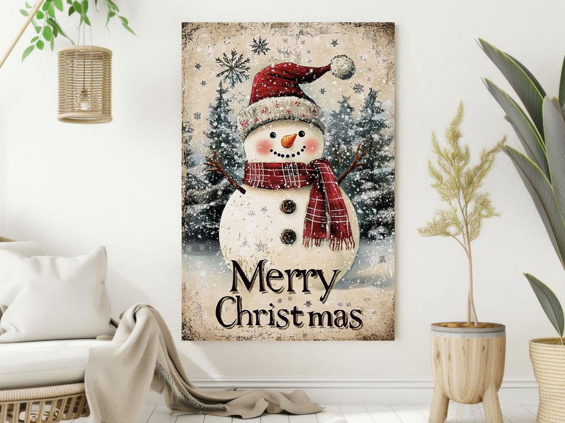 Smiling Snowman With Red Hat Plaid Scarf Merry Christmas Sign Poster - Image 2