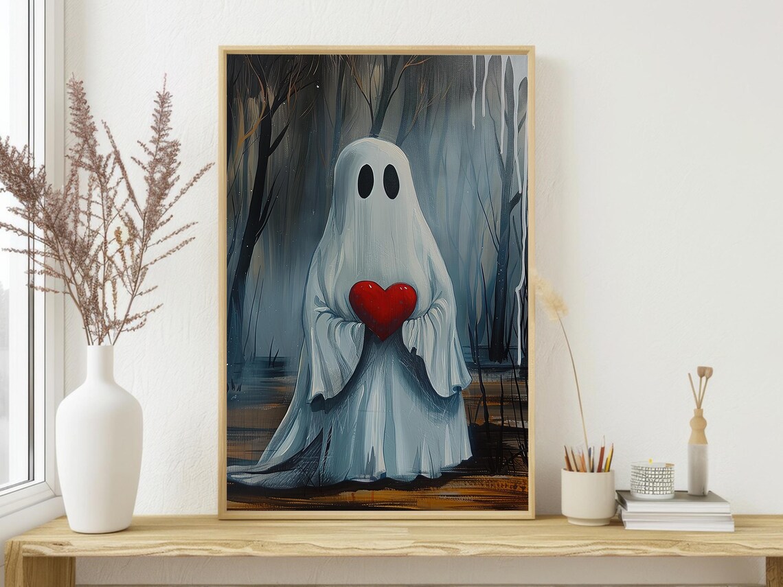 Cute Ghost Holding Red Heart in Dark Forest Sweet Halloween Wall Poster - Image 3