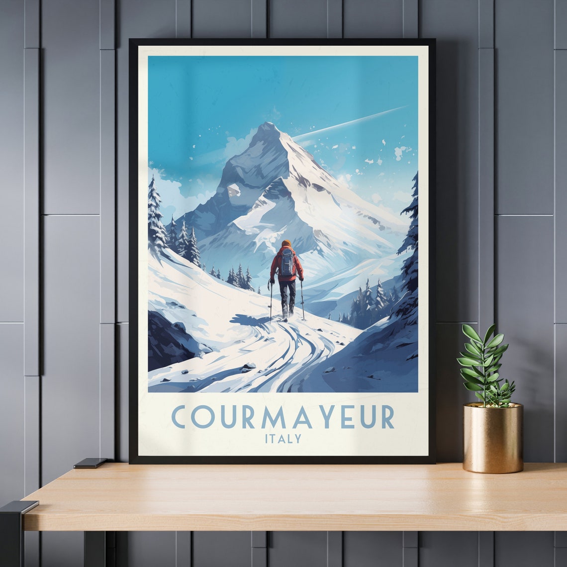 Courmayeur Italy Lone Skier Facing Towering Snowy Peak Poster - Image 3