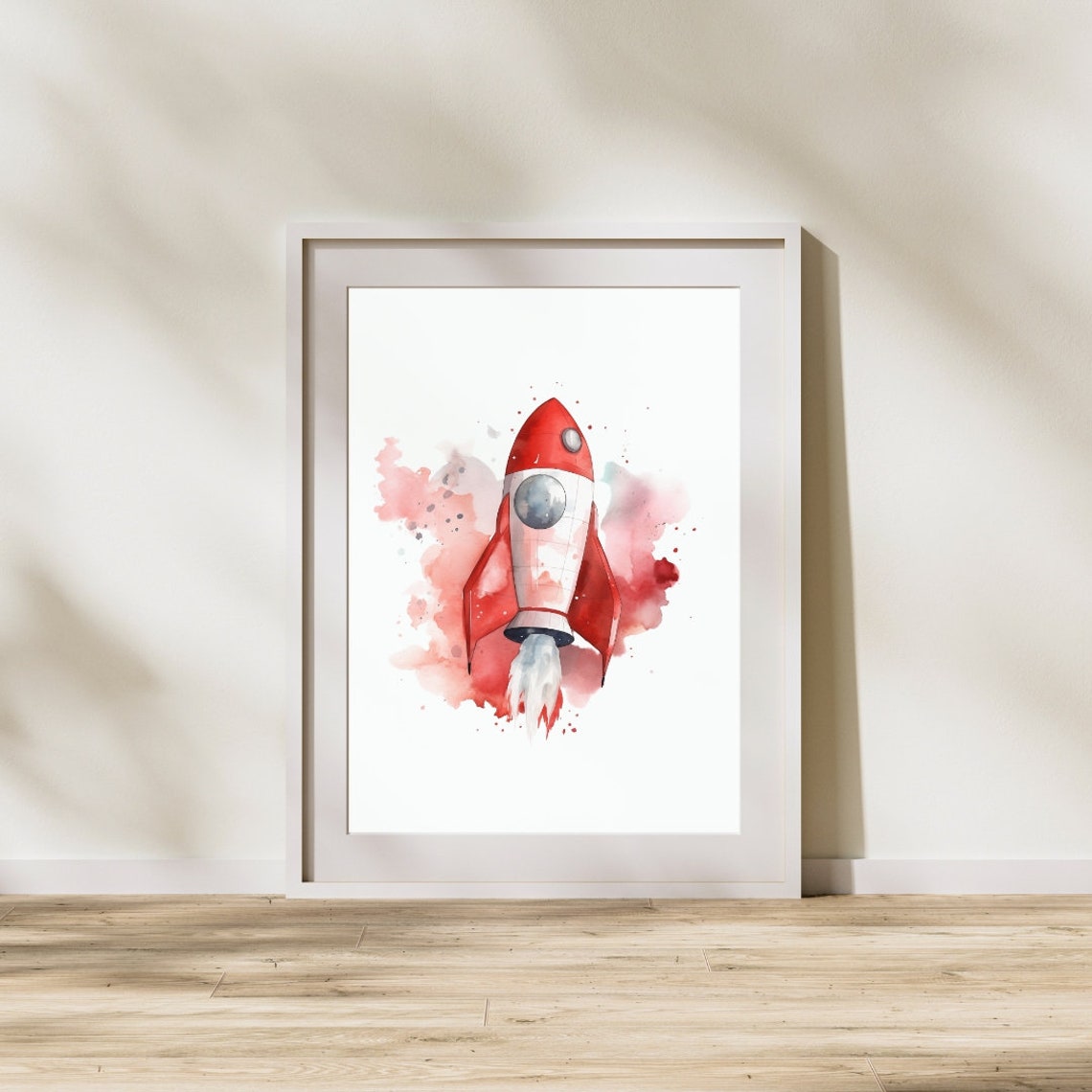 Red Rocket Ship Pink Watercolor Splash Kids Room Nursery Poster - Image 3