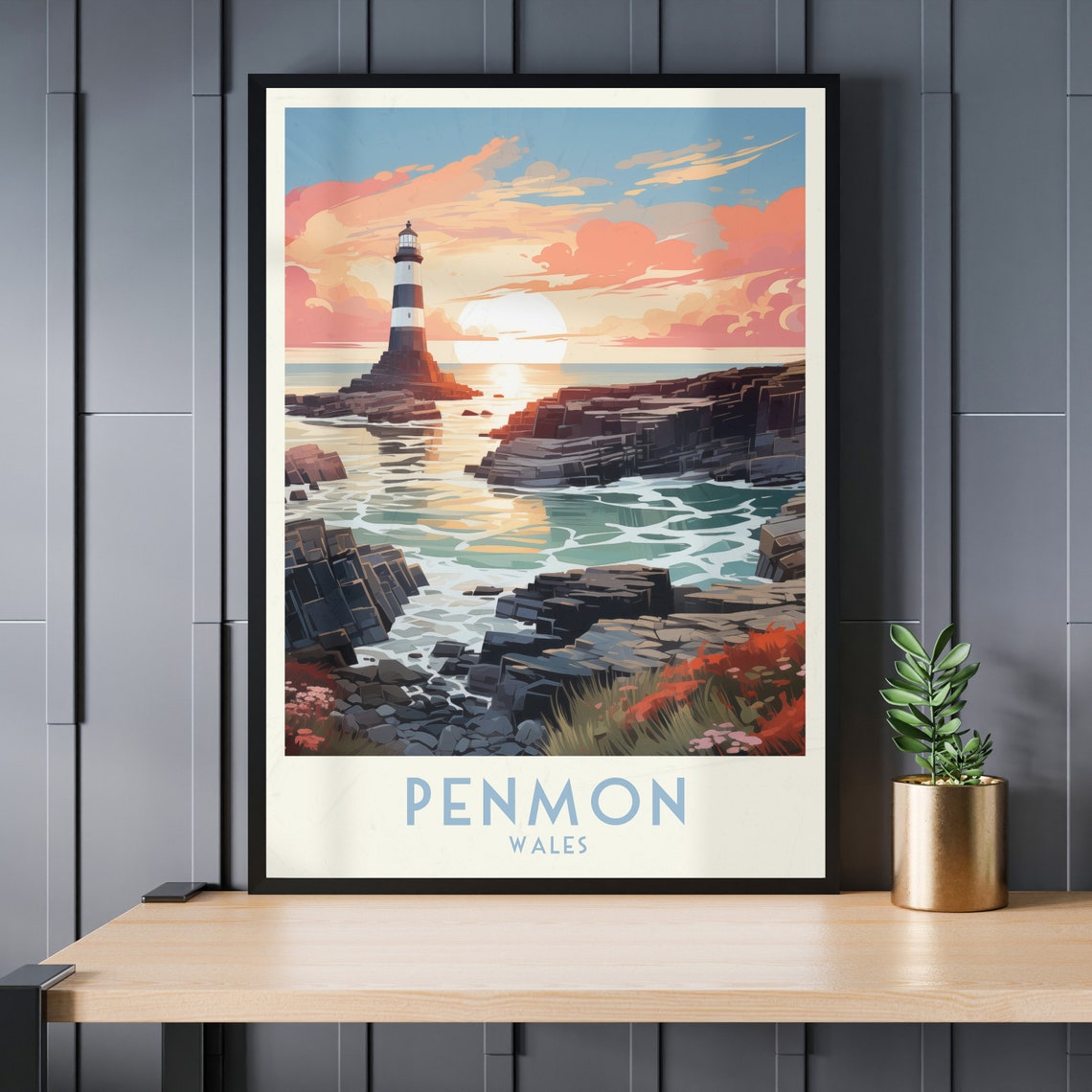 Penmon Wales Sunset Lighthouse Over Rocky Shore Travel Poster - Image 4