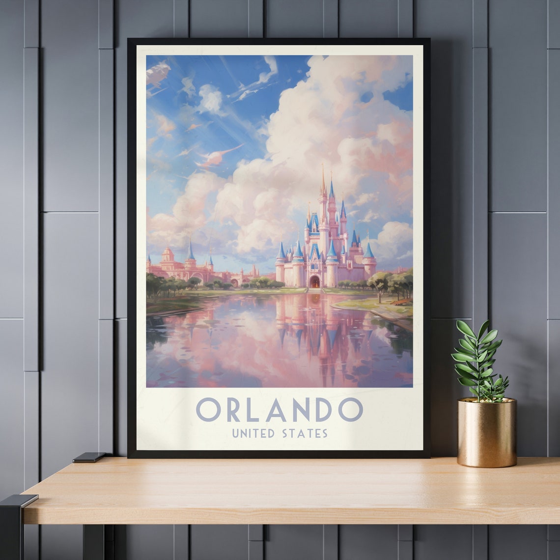 Orlando Fairytale Castle Sunset Reflection Vintage Travel Poster - Image 3
