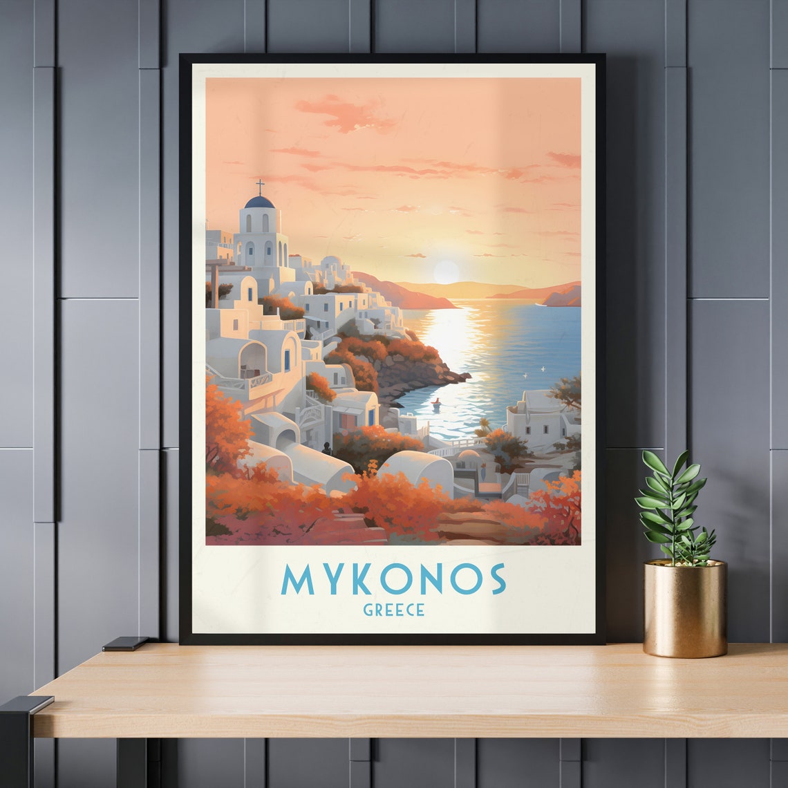 Mykonos Whitewashed Town Sunset Aegean Vintage Greece Travel Poster - Image 3