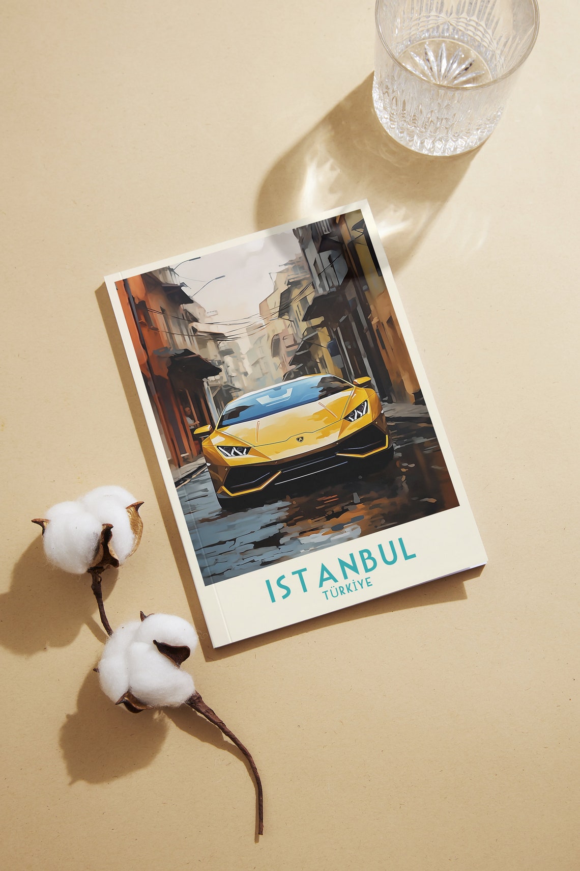 Istanbul Turkiye Yellow Sports Car Wet Cobblestone Travel Poster - Image 2