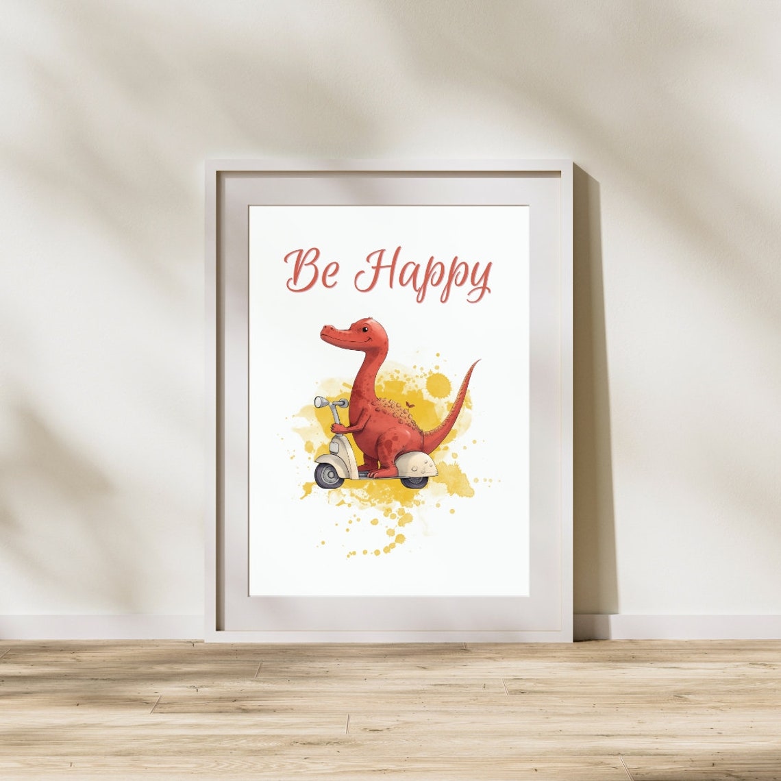 Be Happy Cute Baby Dinosaur Riding Scooter Nursery Quote Poster - Image 3