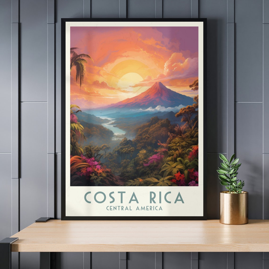 Costa Rica Volcano Sunset Over Rainforest River Travel Poster - Image 3