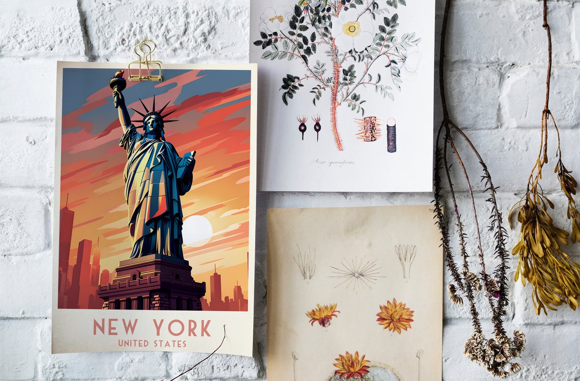New York Statue of Liberty Fiery Sunset Vintage Travel Poster - Image 4