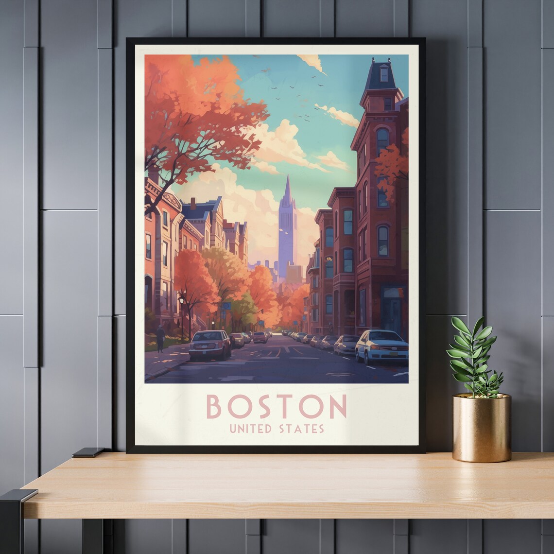 Boston Autumn Brownstone Street with Church Spire Travel Poster - Image 3