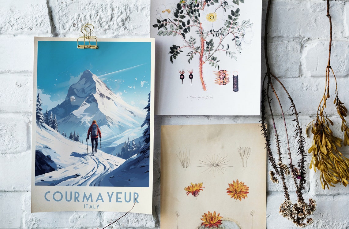 Courmayeur Italy Lone Skier Facing Towering Snowy Peak Poster - Image 4