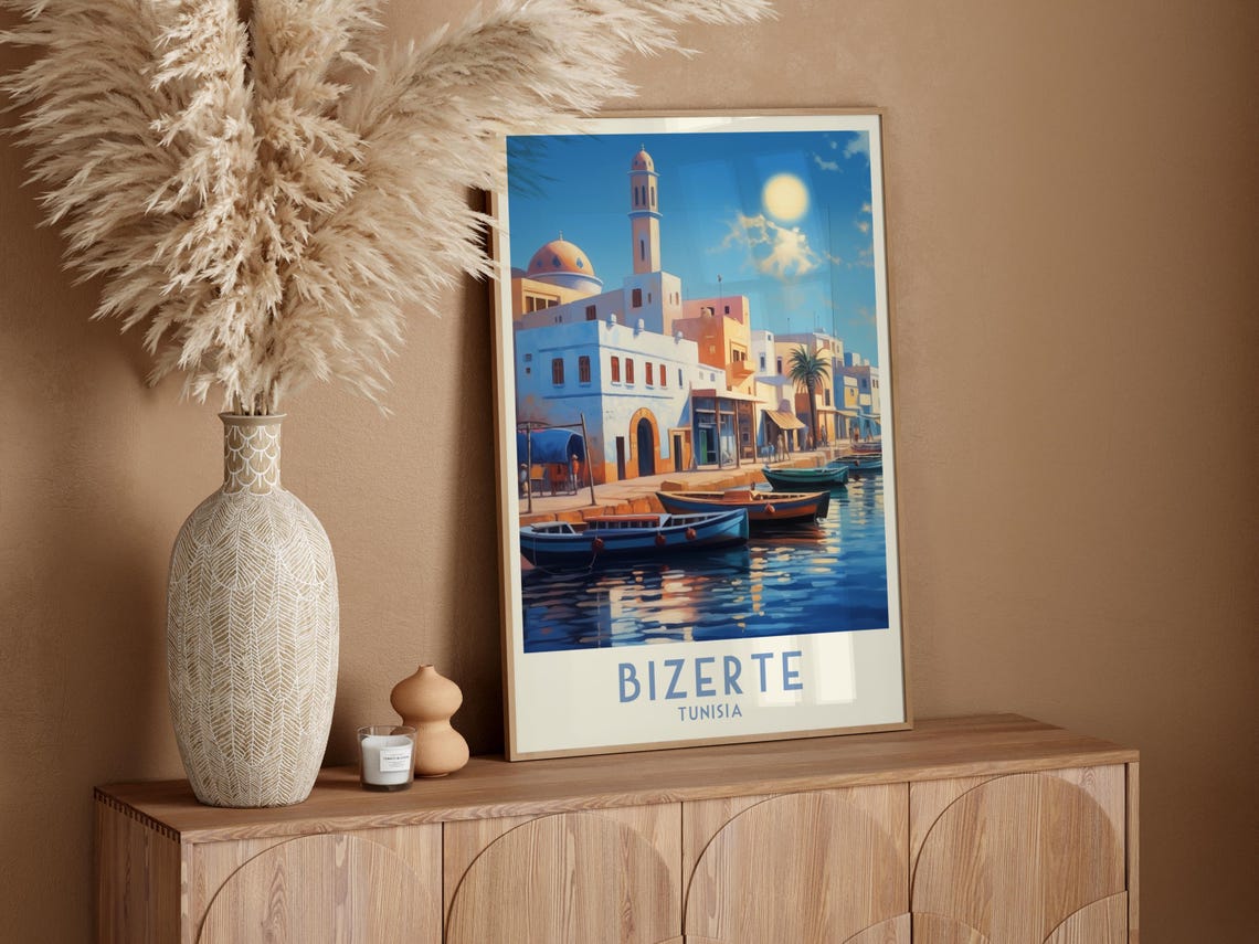 Bizerte Tunisia Old Harbour Boats Mosque Sunset Travel Poster - Image 4