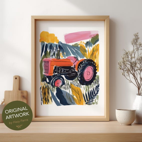 Vintage Tractor Art Print Colorful Gouache Style Rustic Farm Poster 64