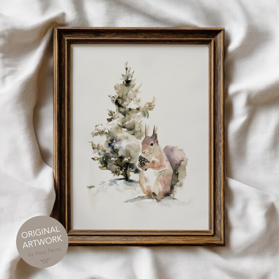 Squirrel Watercolor Print Winter Forest Animal Art