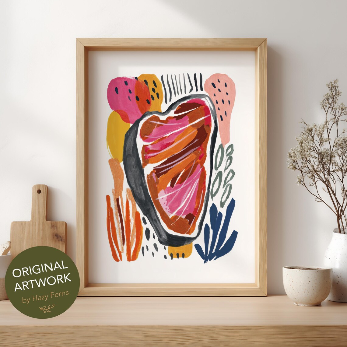 Meat Steak Poster, Colorful Gouache Abstract