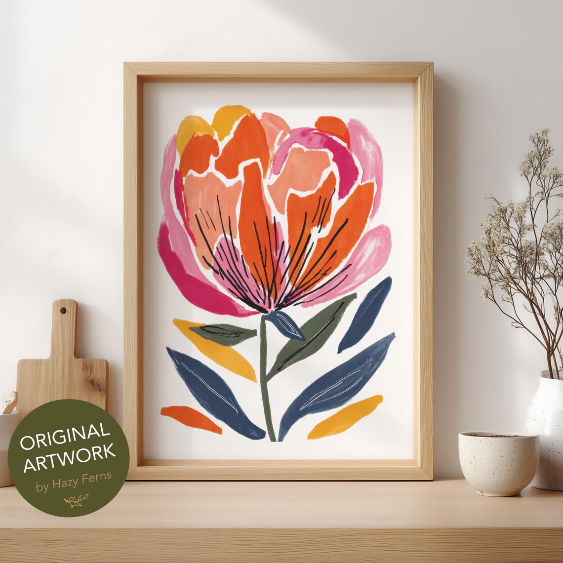 Spring Peony Poster Print, Gouache Floral Art
