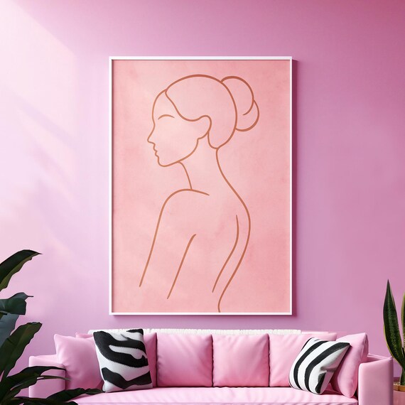 Minimalist Woman Line Art Silhouette Pink Feminine Wall Poster