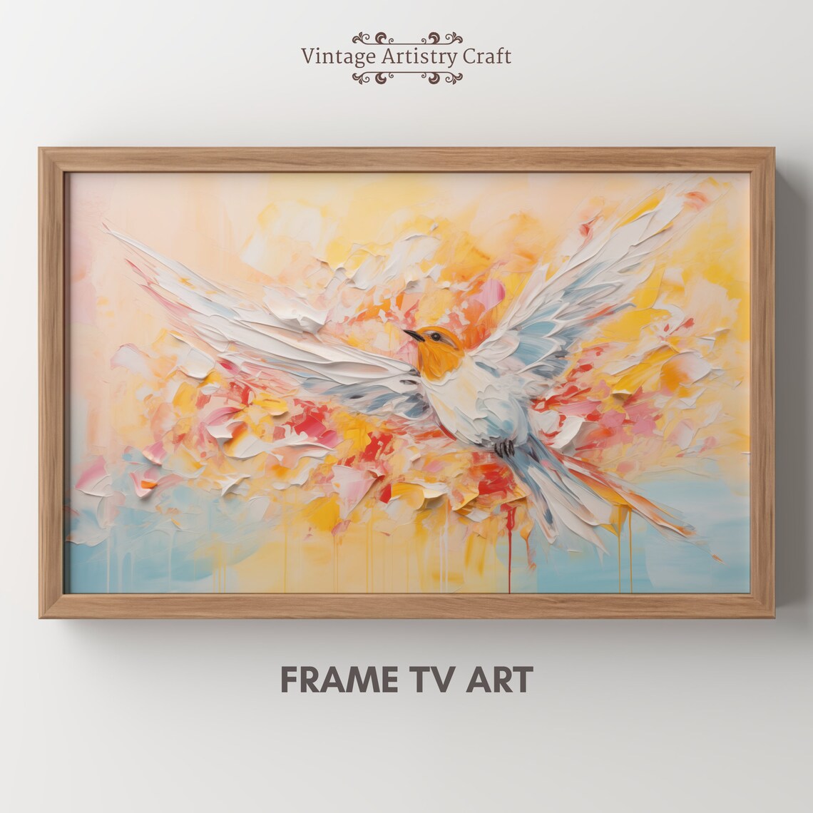 Flying Songbird in Pastel Sunrise Abstract Textured Bird Painting Poster - Image 7