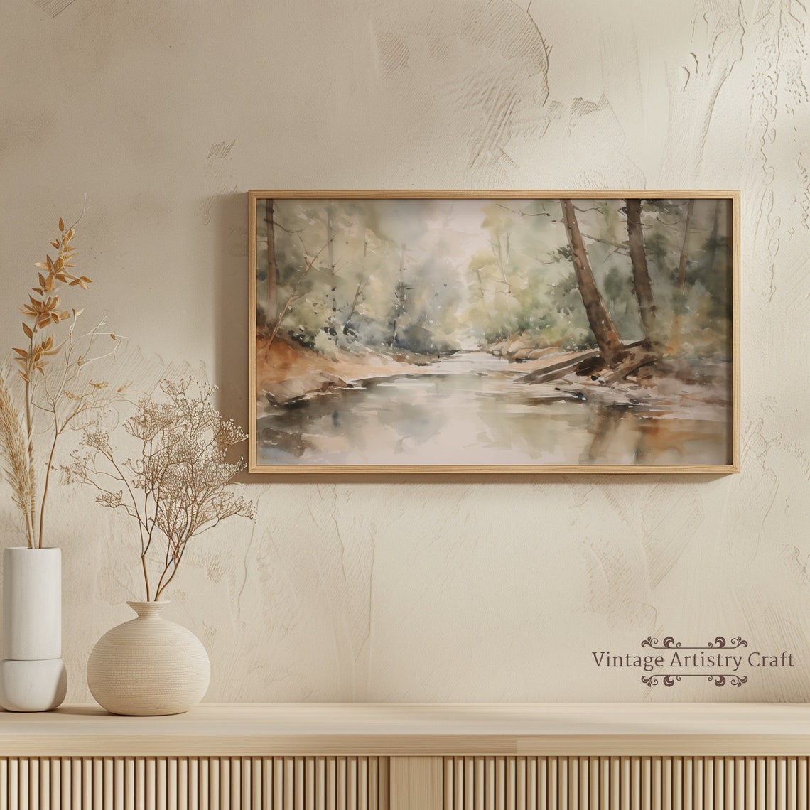 Misty Forest River Soft Watercolor Woodland Stream Nature Poster - Image 3