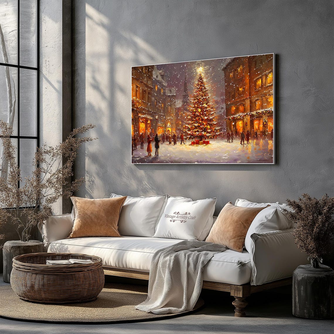 Snowy Christmas Town Square Tree Night Lights Festive Winter Poster - Image 4
