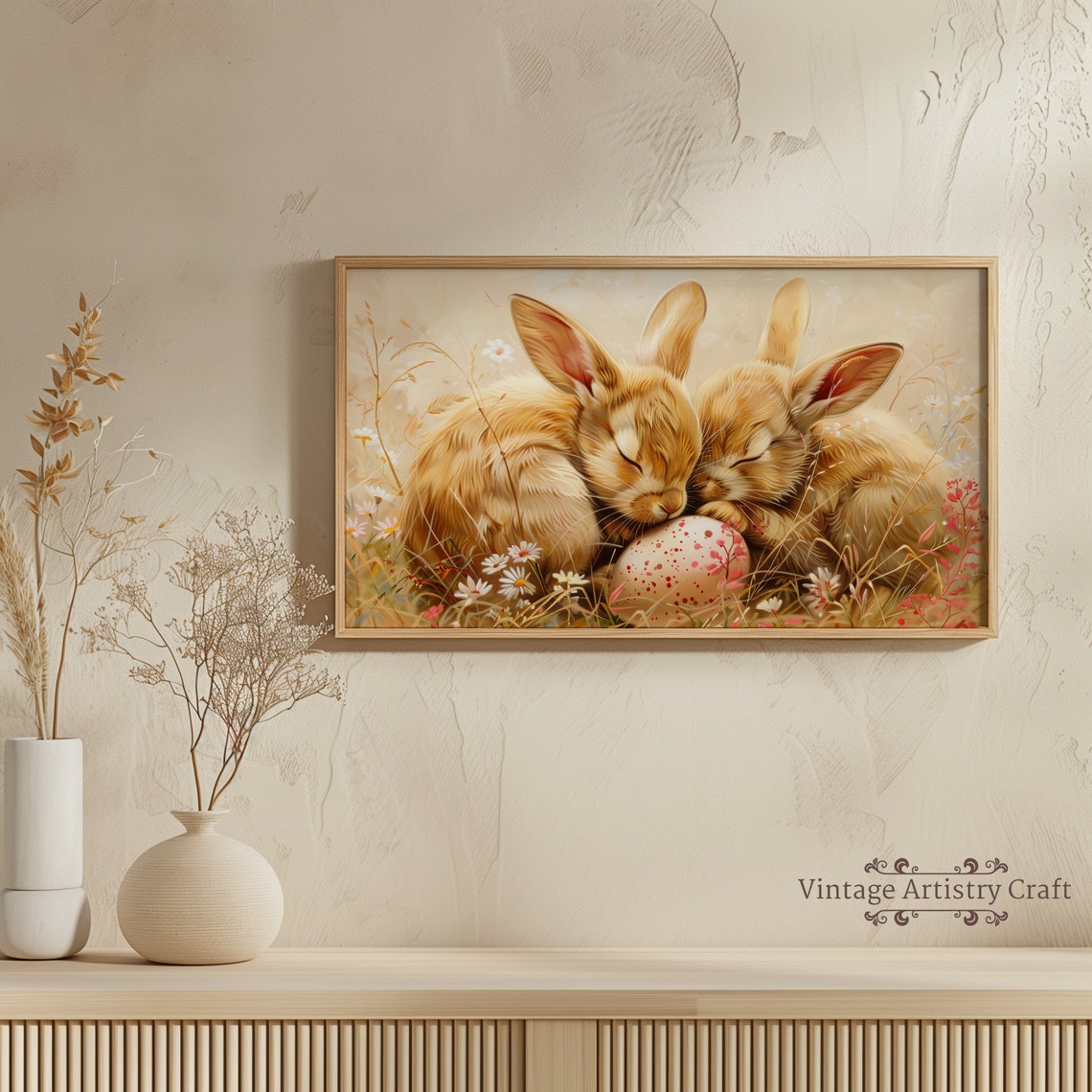 Two Sleeping Bunny Rabbits With Painted Egg Soft Pastel Poster - Image 8