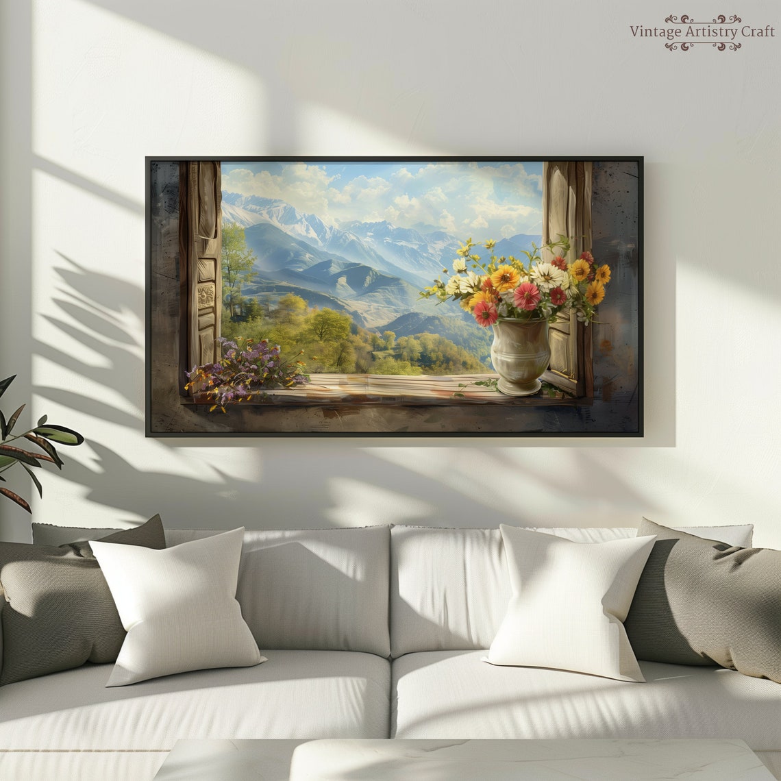 Mountain View Through Open Window Vase of Flowers Rustic Poster - Image 8