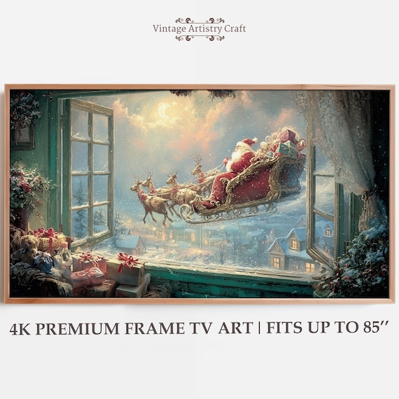 Santa Sleigh Flying Past Open Window Snowy Town Gifts Vintage Wall Art