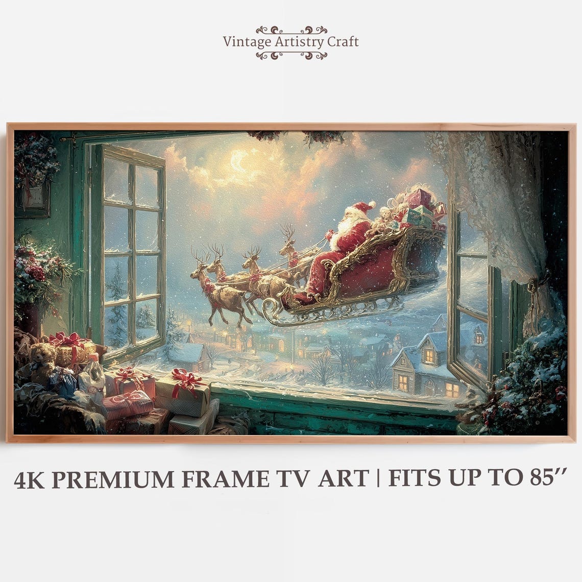 Santa Sleigh Flying Past Open Window Snowy Town Gifts Vintage Wall Art