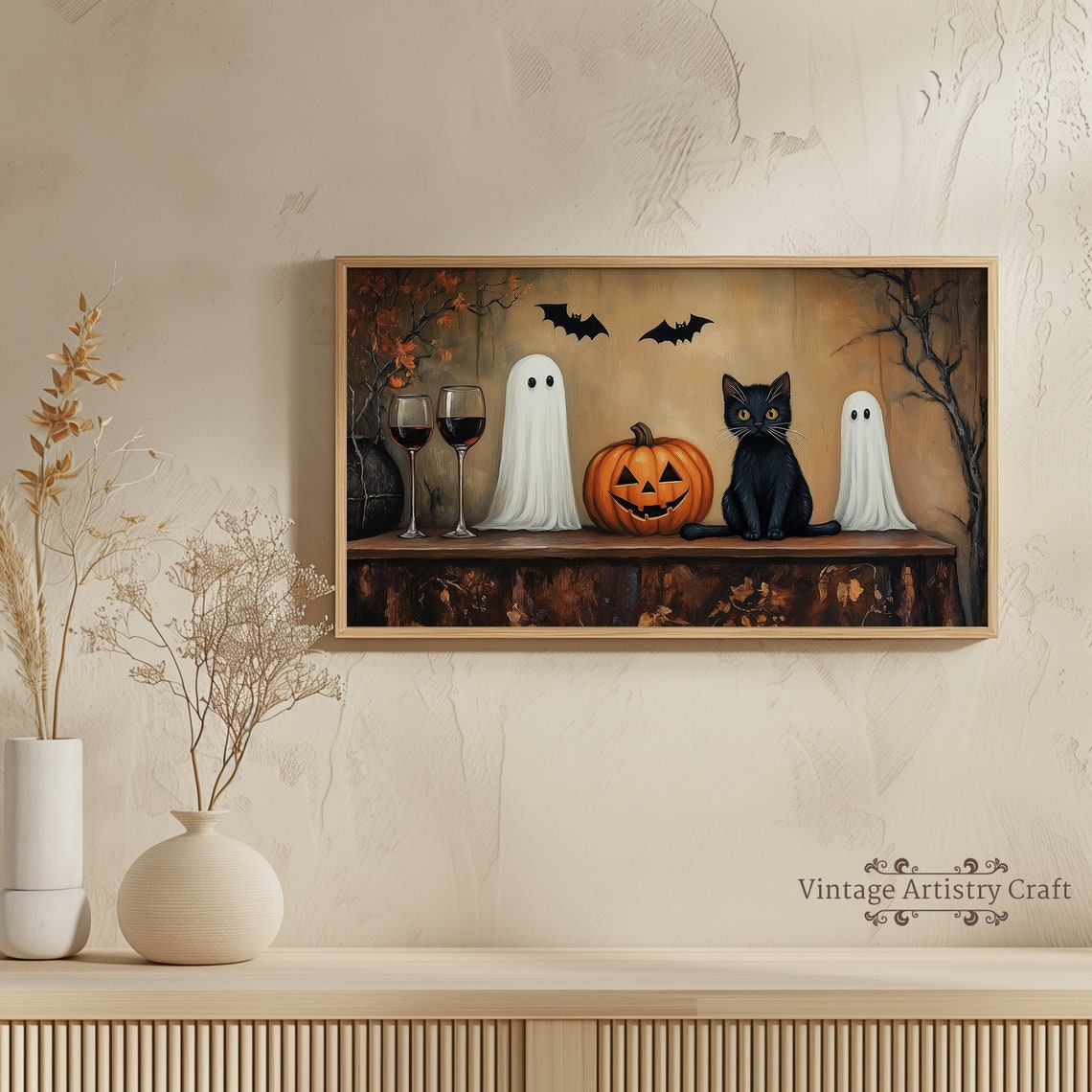 Ghost Pumpkin Black Cat Wine Halloween Vintage Still Life Poster - Image 4