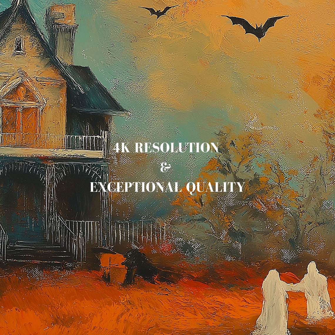Victorian House Ghosts Bats Full Moon Orange Teal Halloween Poster - Image 6