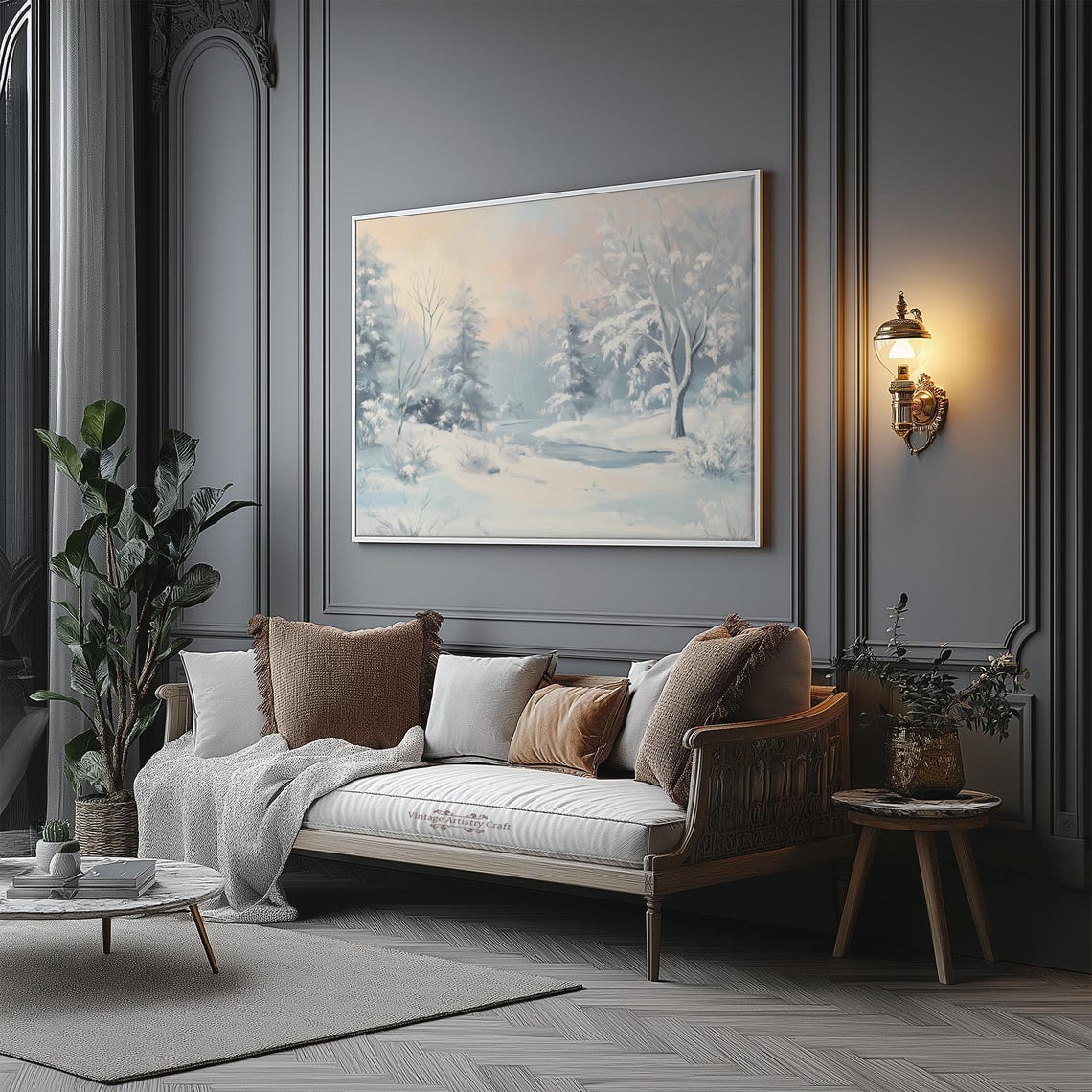 Pastel Winter Wonderland Forest Stream Snowy Landscape Poster - Image 6