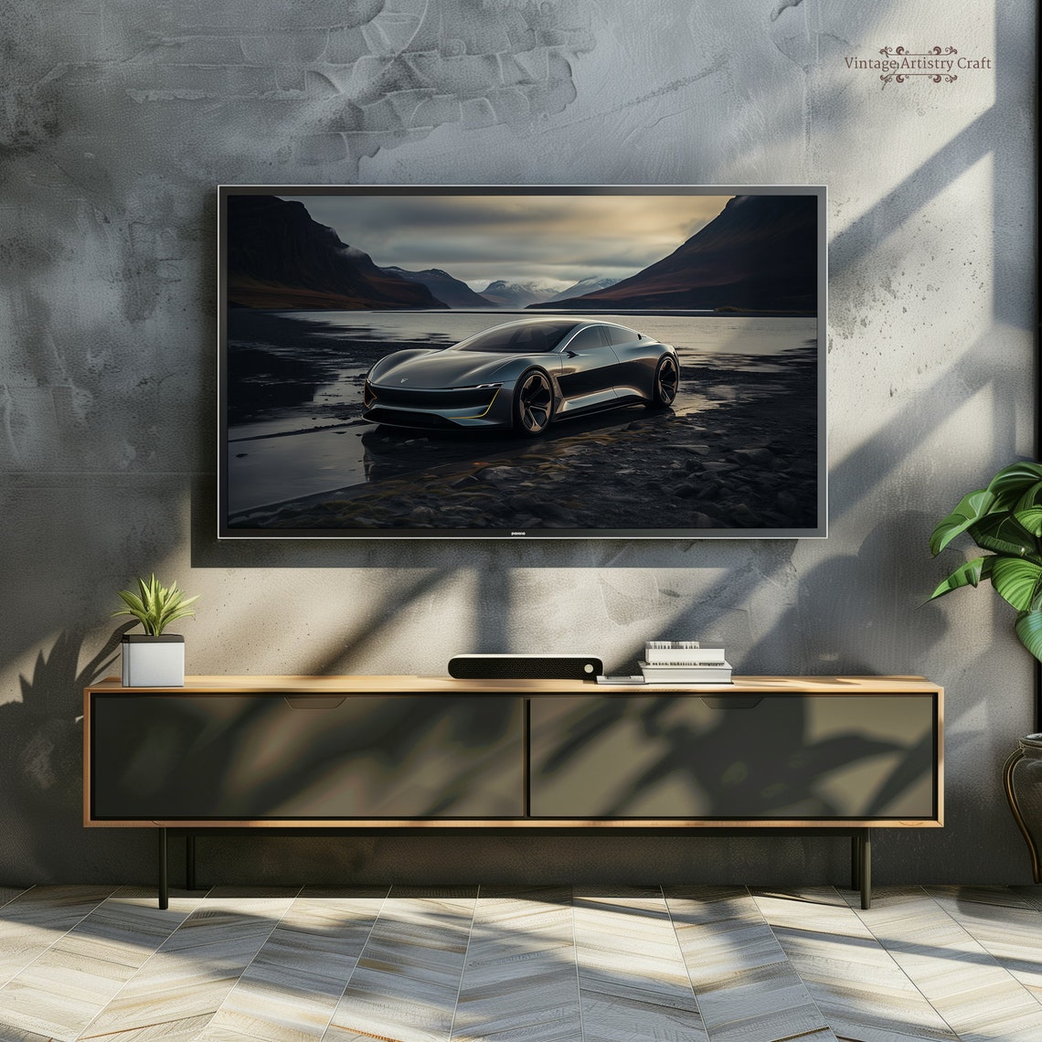 Silver Futuristic Sports Car Mountain Lake Desktop Wallpaper Print - Image 3