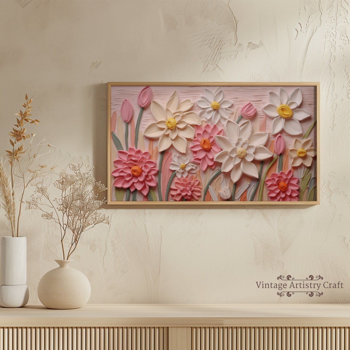 Pink Spring Bloom Impasto Textured Floral Oil Painting Poster - Image 4