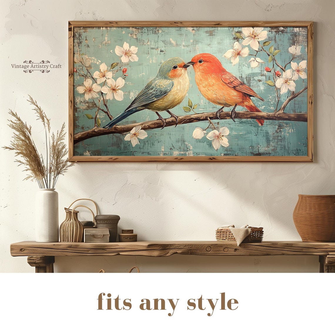 Love Birds Blossom Branch Vintage Teal Spring Romance Painting Poster - Image 8