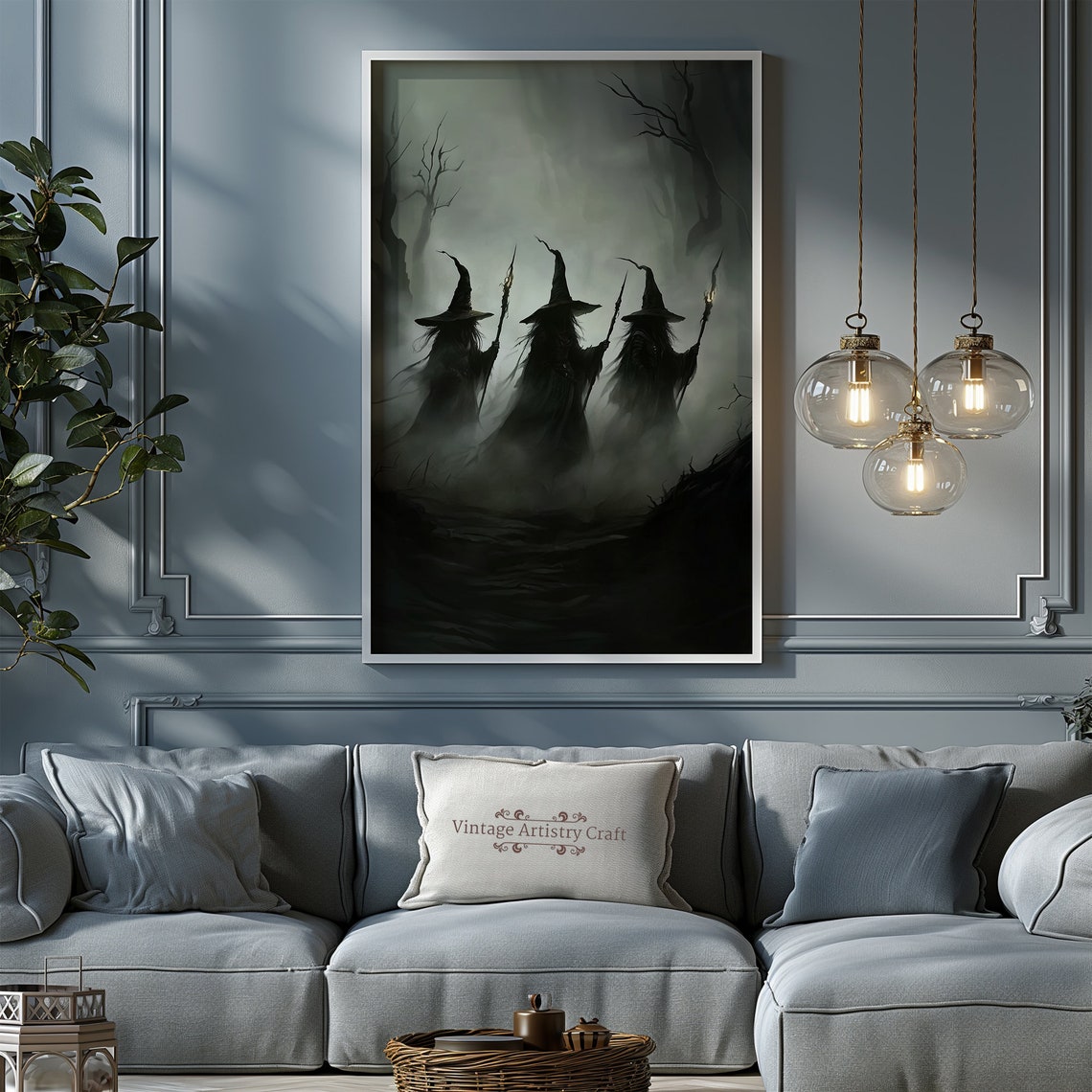 Three Witches From Behind Dark Foggy Woods Torches Eerie Poster - Image 8
