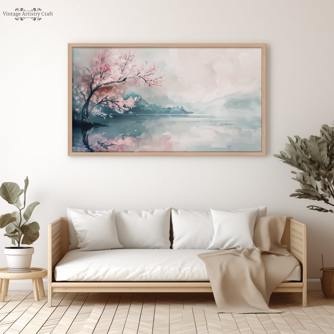 Cherry Blossom Tree Over Misty Lake Soft Pink Spring Painting Poster - Image 3