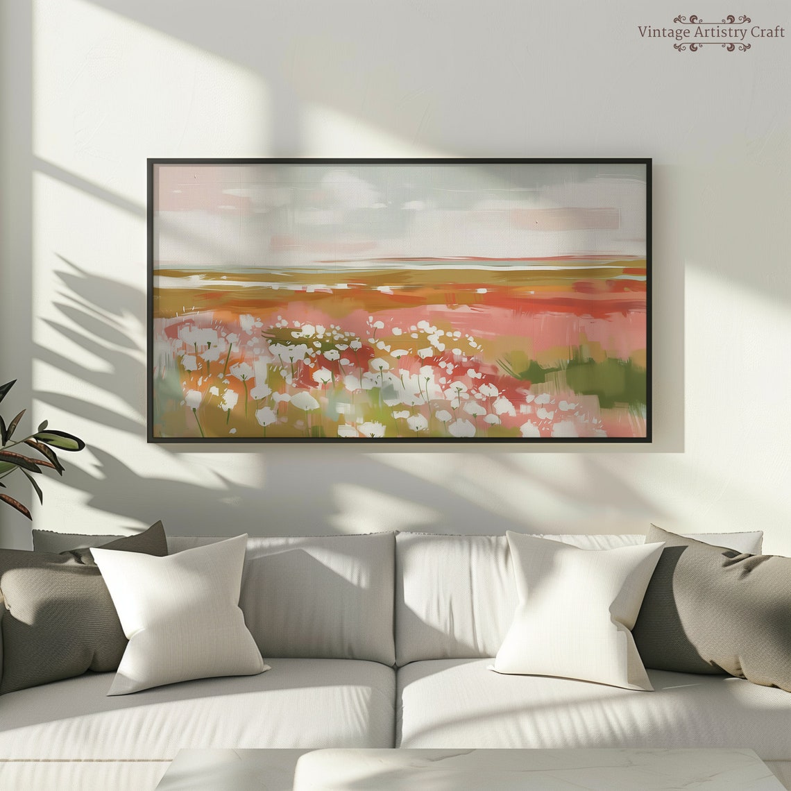 Pink Wildflower Meadow Abstract Textured Spring Landscape Wall Art - Image 8