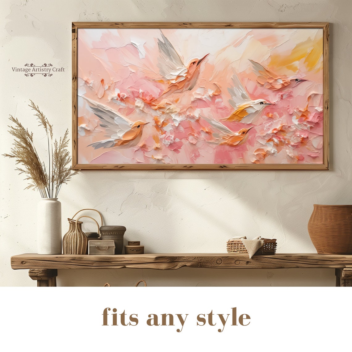 Flying Birds Pastel Pink Impasto Abstract Textured Painting Poster - Image 3