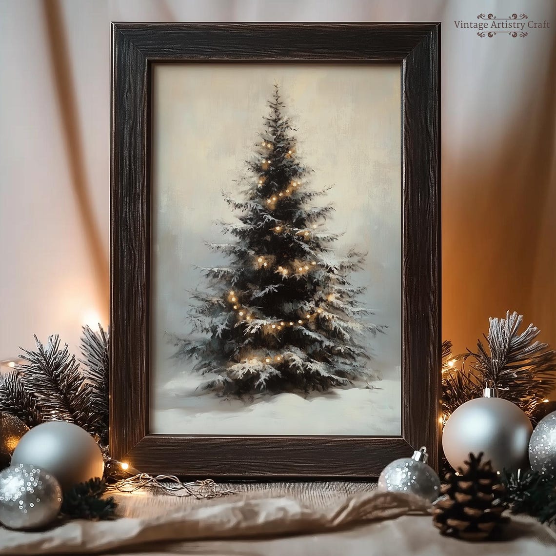 Snow Covered Christmas Tree Lights Winter Snowfall Art Poster - Image 3