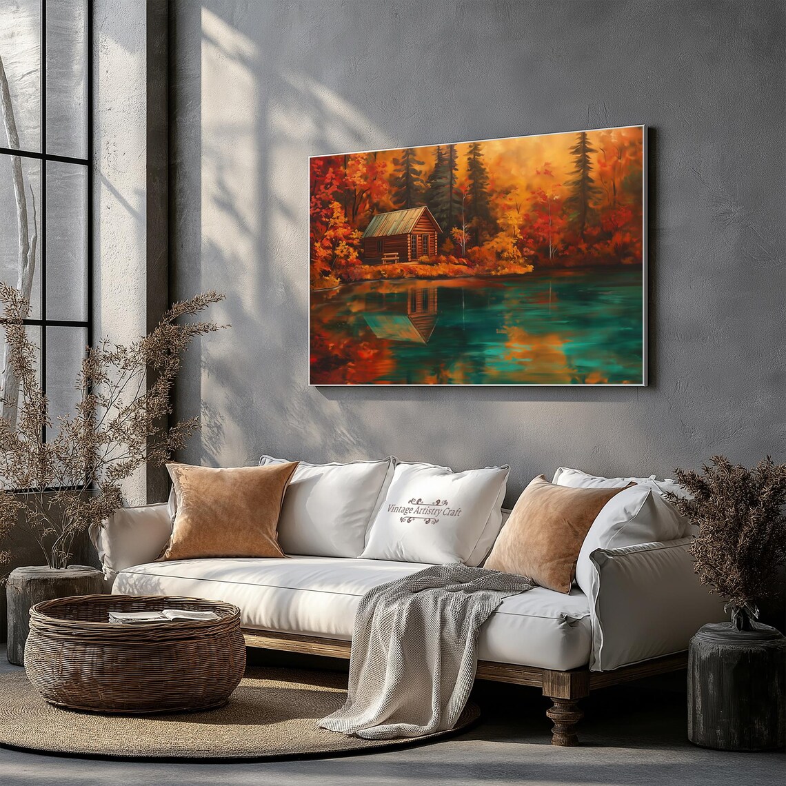 Autumn Log Cabin Vintage Oil Painting Art Print - Image 6