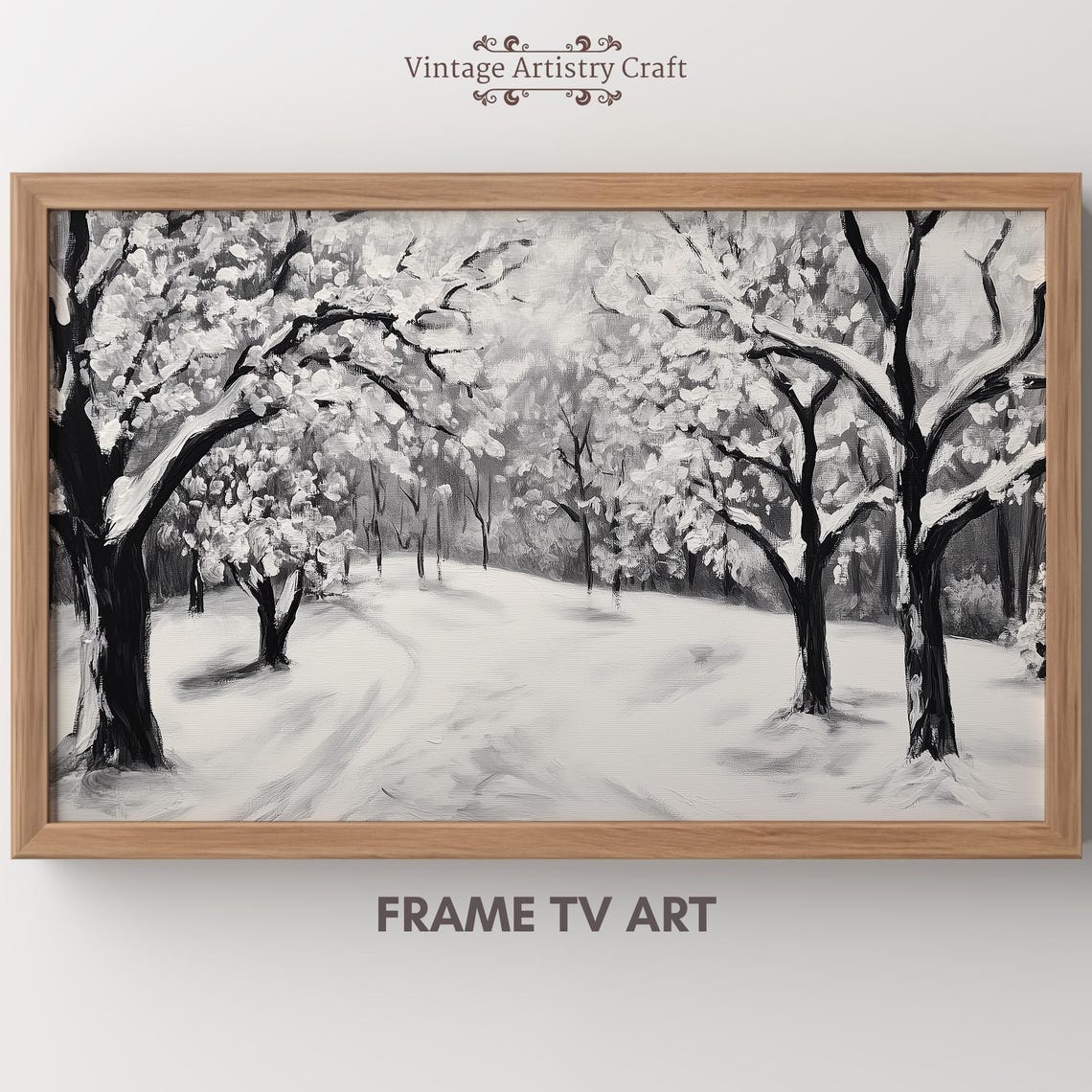 Black White Snowy Forest Trees Path Winter Monochrome Wall Art