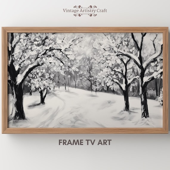 Black White Snowy Forest Trees Path Winter Monochrome Wall Art