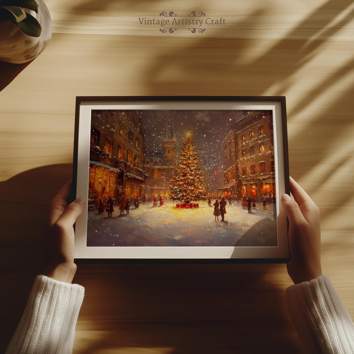Christmas Tree Warm Street Town Winter Moody Farmhouse Wall Art Decor Vintage Oil Painting Xmas Print Snowing City Rustic Antique - Image 8