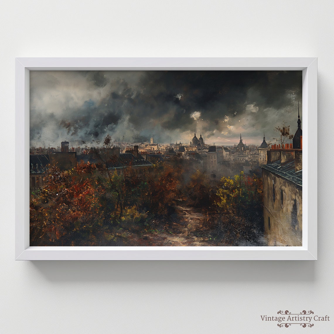 Muted European Rooftops Storm Clouds Vintage Cityscape Oil Poster - Image 7