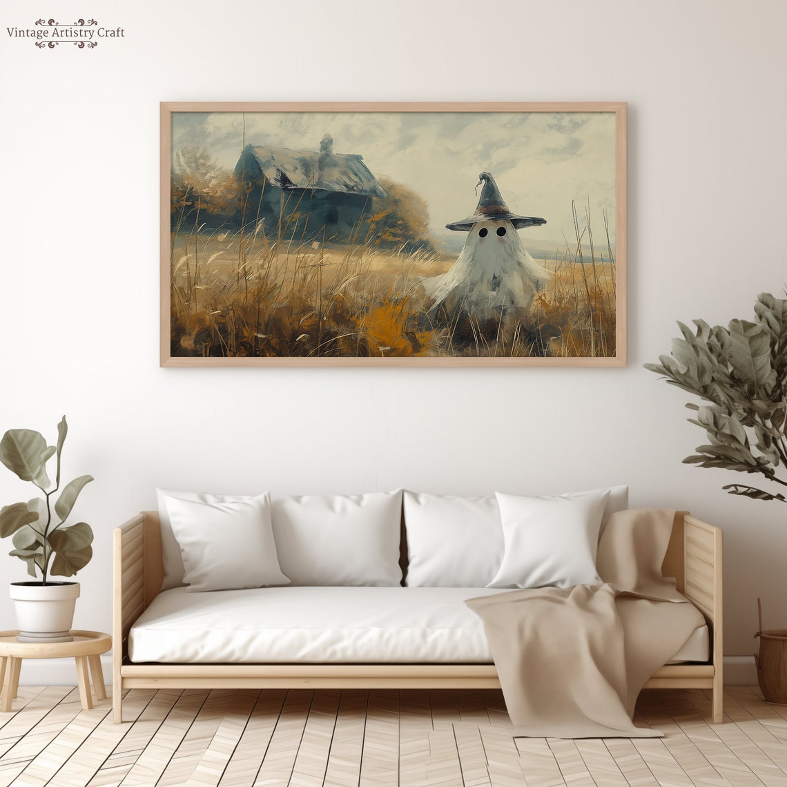 Cute Little Ghost Wearing Witch Hat Golden Fall Field Halloween Poster - Image 3