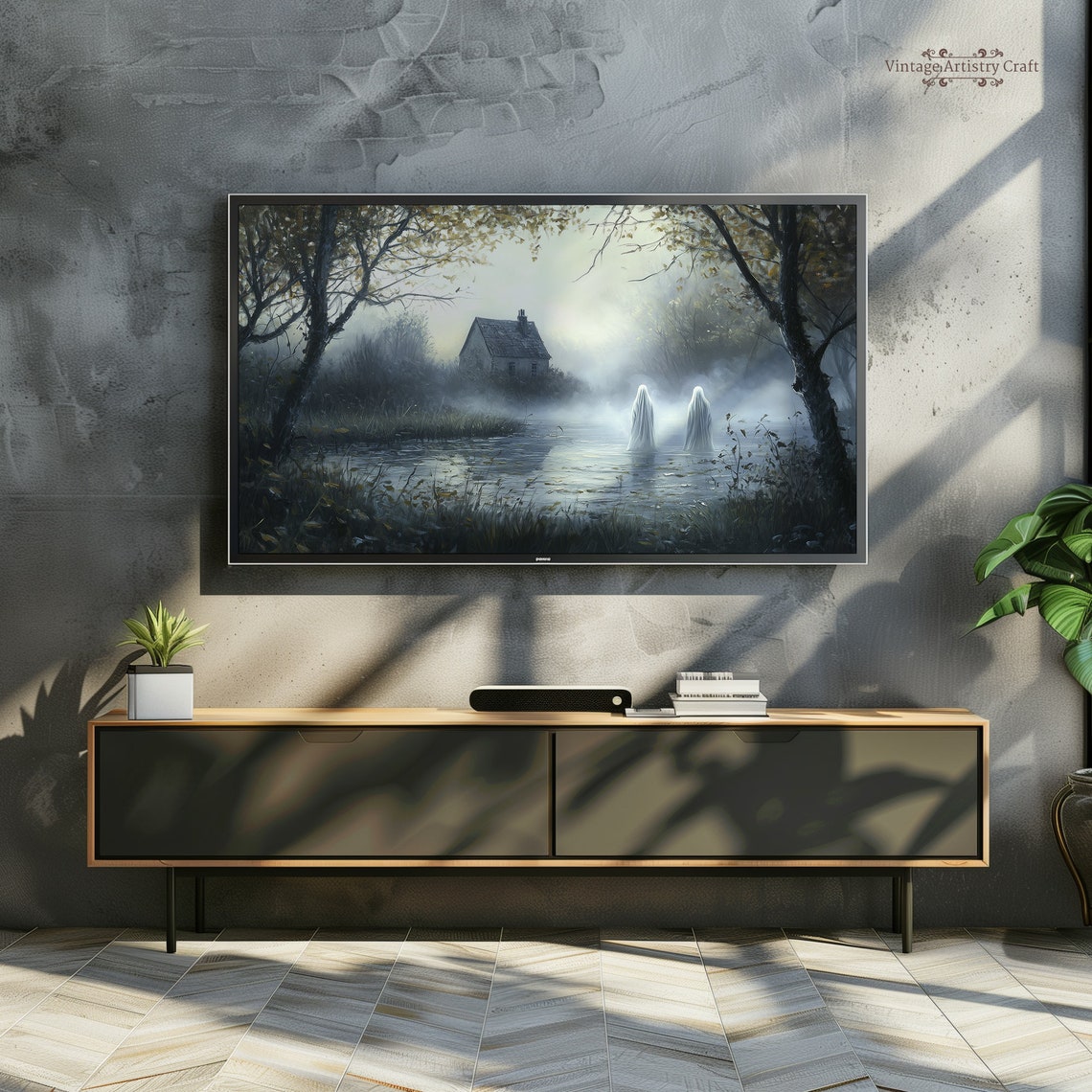 Misty Pond Cottage With Two Ghosts Eerie Water Landscape Poster - Image 3