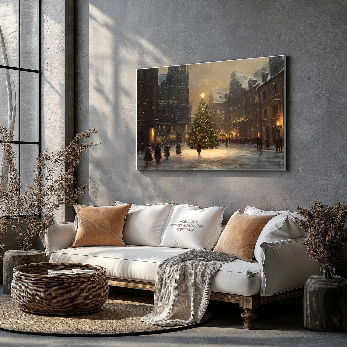 Winter Frame Tv Art Christmas Tree Warm Street Town Moody Farmhouse Tv Decor Vintage Oil Painting 4k - Image 3