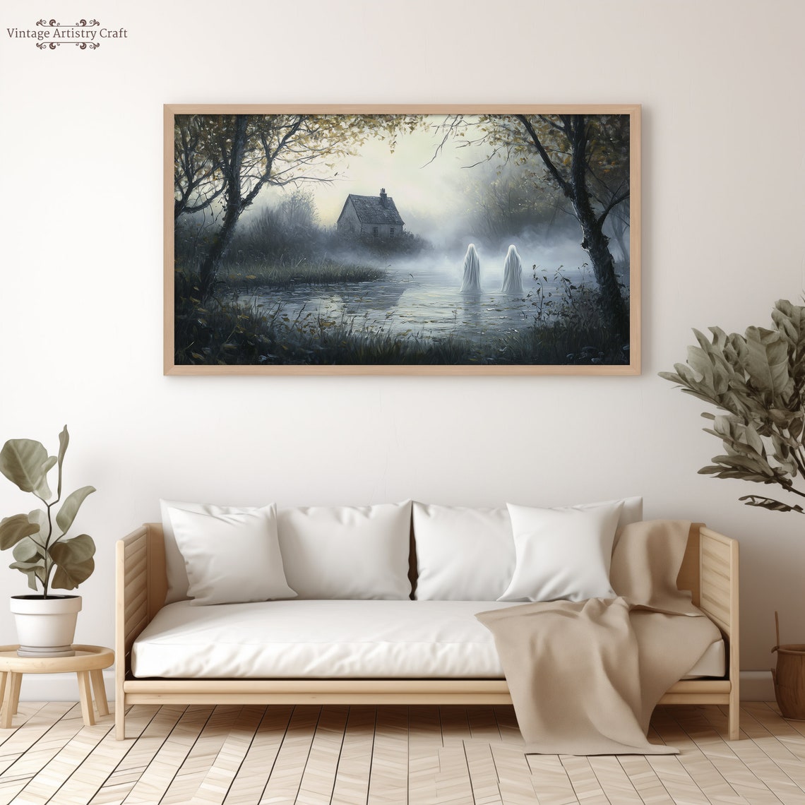 Misty Pond Cottage With Two Ghosts Eerie Water Landscape Poster - Image 4