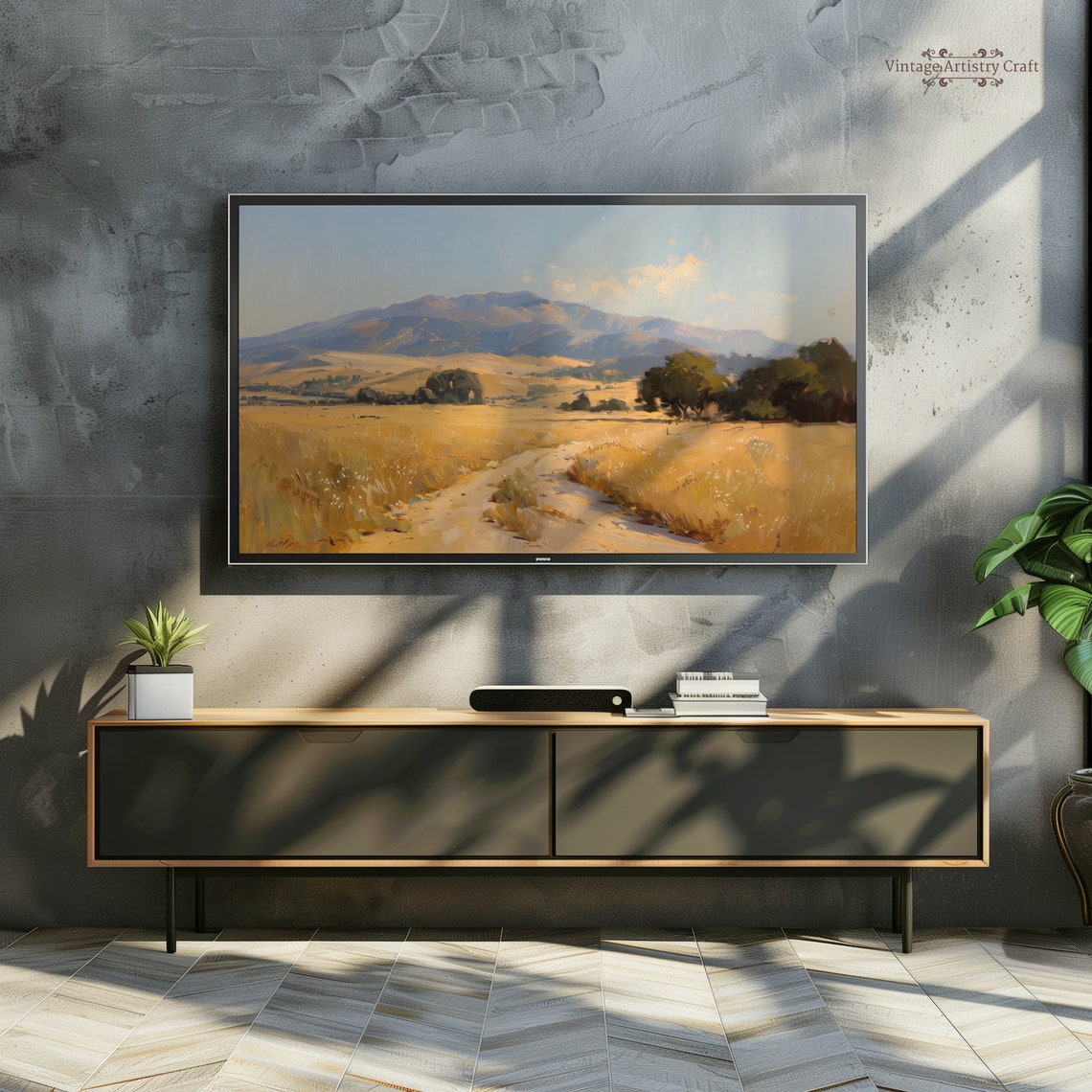 Golden Wheat Field Mountain Path Warm Countryside Landscape Poster - Image 6