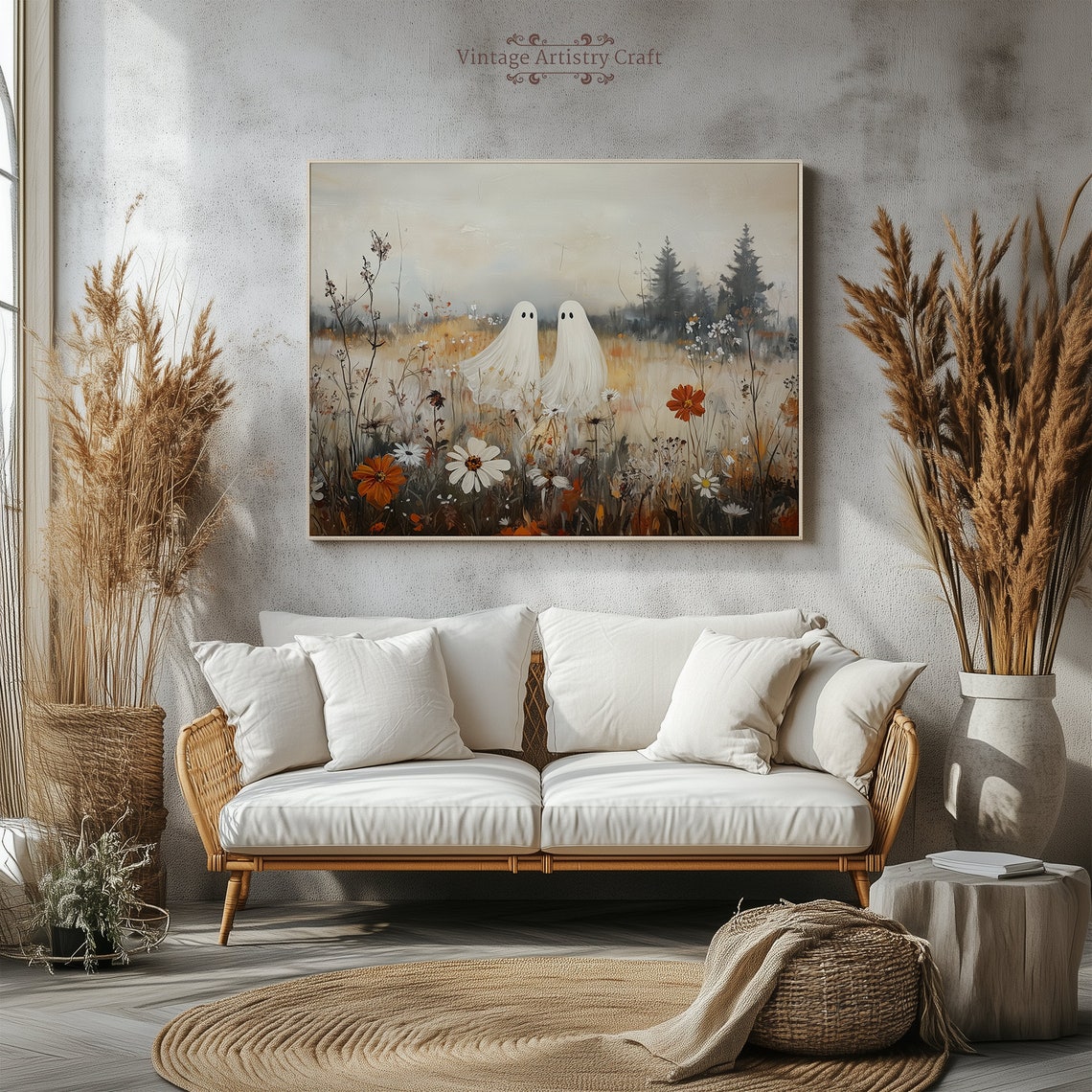 Ghost Pair Autumn Wildflower Field Halloween Vintage Painting Poster - Image 4