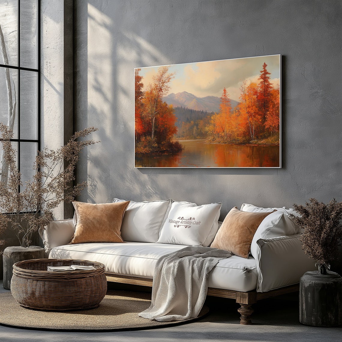 Autumn Lake Mountain Reflection Fall Foliage Landscape Painting Poster - Image 4