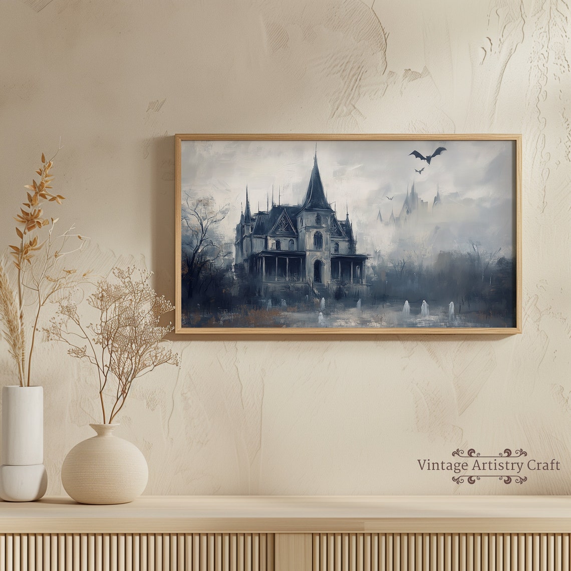 Misty Blue Grey Haunted Mansion Ghosts Bats Eerie Manor Poster - Image 2